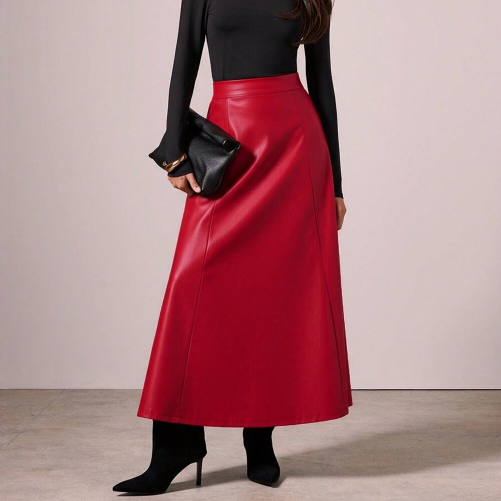 Red Elegant Women's Long fauc leather contemporary maxi Skirt - Picture 3 of 7